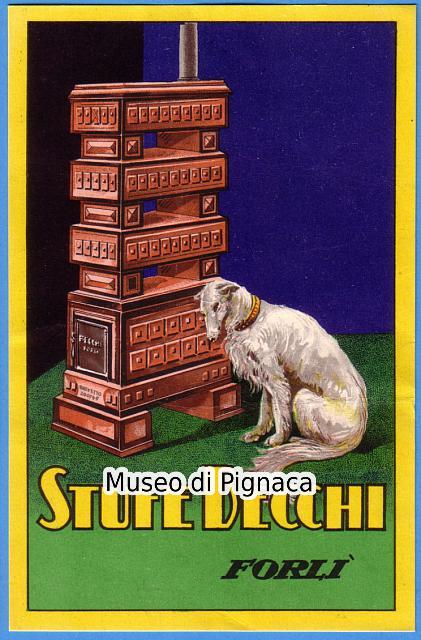 Una pubblicità di un cane affianco alla stufa becchi al museo di pignaca